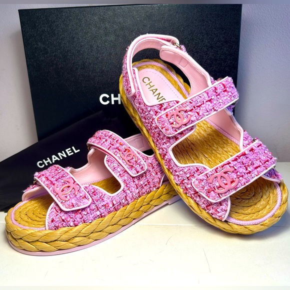 CHANEL Shoes - NEW CHANEL 22P DAD SANDALS CC LOGO PINK PURPLE TWEED PAT.LEATHER SZ 38